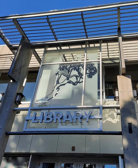 Outside entrance sign of the VIU Library, Nanaimo campus